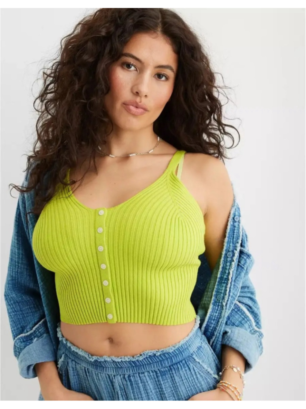 Lime Green Ribbed Button Front Tank Top Aerie Stretchy Fitted Festival Concert